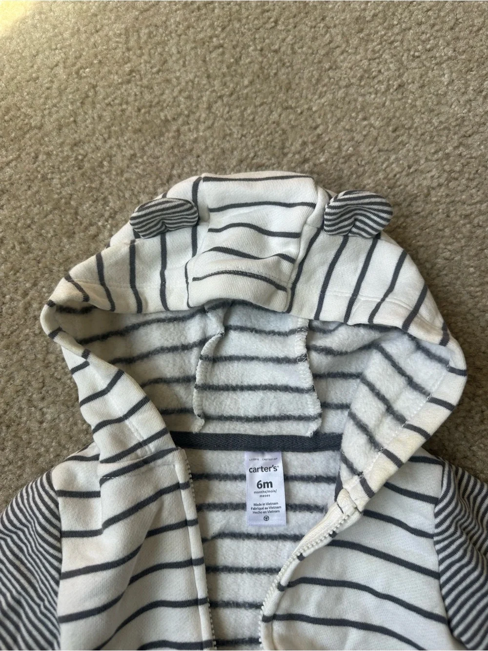 Carter’s Baby Boy 6M Striped Fleece-Lined Bear Ear Zip Hoodie